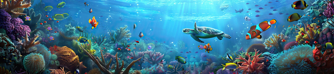 Obraz premium Coral Reef: An underwater scene of a vibrant coral reef, teeming with colorful fish, sea turtles, and waving sea anemones