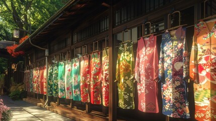 A row of colorful kimono hung on a rack outside a traditional Japanese house