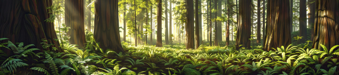 Redwood Forest: A majestic redwood forest scene with towering trees, fern-covered forest floor, and rays of sunlight filtering through the canopy