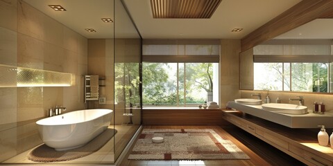Modern Bathroom Design with Teakwood and Floor to Ceiling Windows