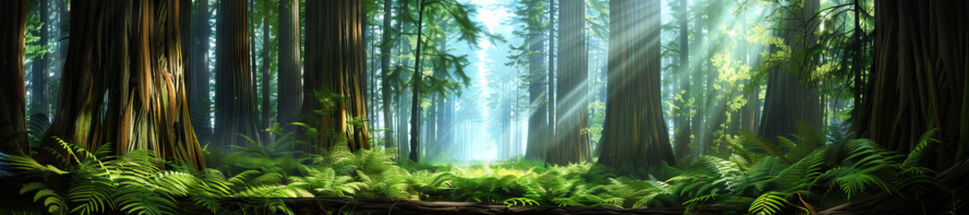 Redwood Forest: A majestic redwood forest scene with towering trees, fern-covered forest floor, and rays of sunlight filtering through the canopy