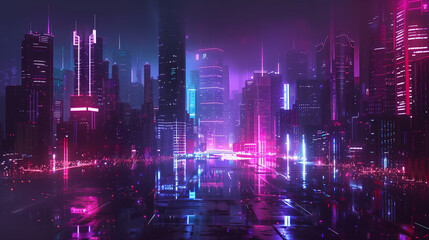 Obraz premium Stunning nighttime view of a futuristic city skyline bathed in vibrant neon colors with a hightech, cyberpunk atmosphere