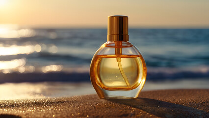 A small bottle of perfume in gold color, illuminated by the rays of the sun at sunset, stands on the sea beach.