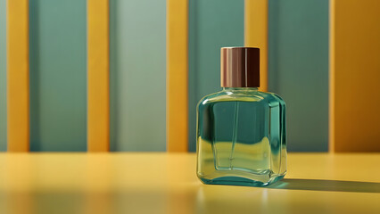 Small bottle of perfume perfume on a yellow-turquoise background summer composition