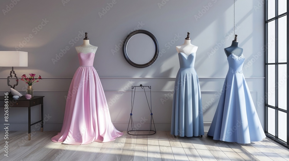 Wall mural 3d rendering of pink and blue evening dresses on mannequins in a modern room with a gray wall, round - Wall murals