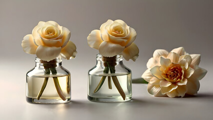 Concept for perfumed products in small perfume bottles stand small rose flowers on a neutral background
