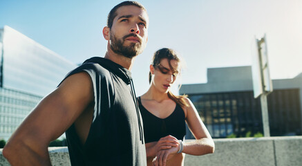 Couple, thinking and training time for performance in city, exercise or workout for race...
