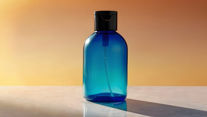 Blue bottle for cosmetic products For shampoos and so on. summer theme with sunset color background