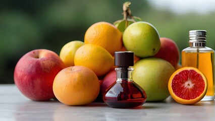 A small bottle of perfumed aromatic oil stands against the background of a mountain of fruits against the backdrop of exotic fruits on a bright sunny day