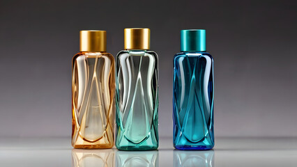 Three bottles for cosmetic products in blue tones on a gray background of unusual glass shape