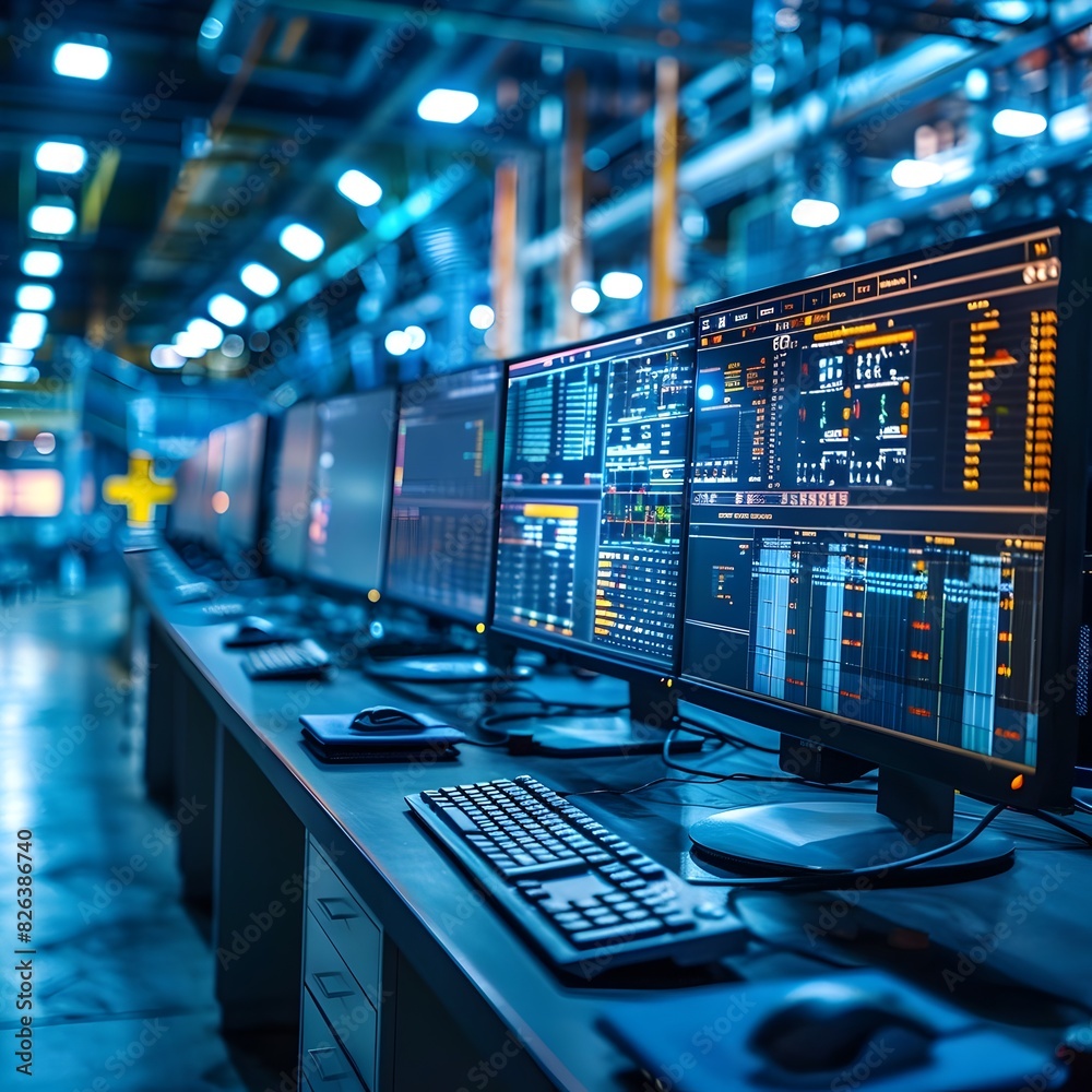 Poster modern factory control room with operators monitoring production via multiple screens
