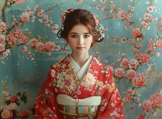 Portrait of a young woman in a red kimono with floral pattern