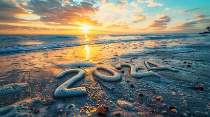 New Year concept, written "2024" on the beach with sunset sky background.