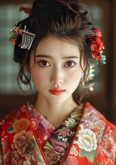 Fototapeta premium Portrait of a beautiful Asian woman in traditional Japanese kimono