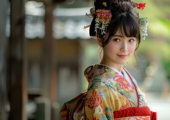 A beautiful Japanese woman wearing a kimono is smiling.