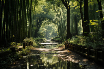 Obraz premium A Photorealistic Image of a Tranquil Path Winding Through a Dense Bamboo Forest, with Soft Dappled Light Filtering Through the Tall Stalks