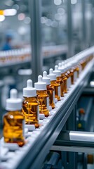 Fototapeta premium Automated Conveyor System in Cosmetic Production Facility Industrial Manufacturing Process with Filling and Labeling
