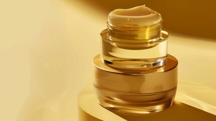 A product photography of two glass jars with golden beige lip cream inside