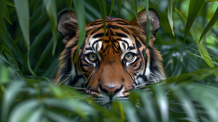Fototapeta premium portrait of a tiger in water, close up with captivating eyes in natural surroundings