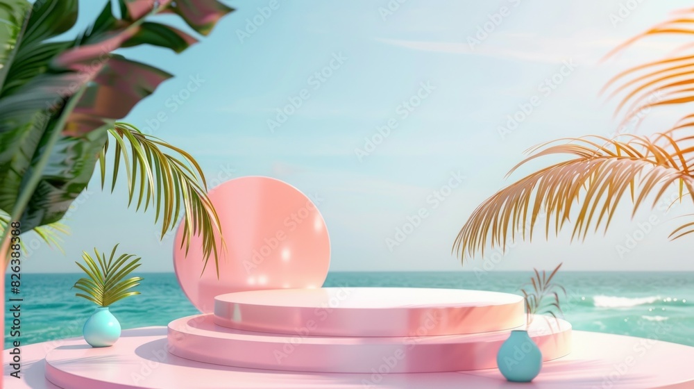 Poster a pink stage with palm trees and a blue ocean in the background