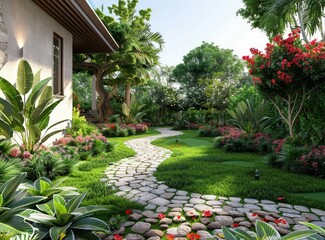 Stone Path Winding Through a Lush Garden