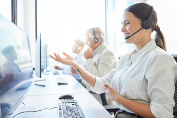 Woman, talking and call center with customer service for communication, support or headset. Contact...