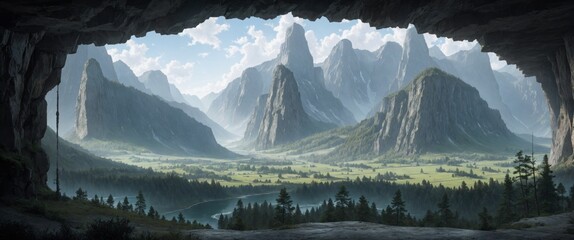 Fantastic landscape. View from the caves. Green alpine valleys. Rocky mountains. Rocks rising into the sky. Mountain river and lake. Dense forest. Bright sunny day. Mountain background in haze.
