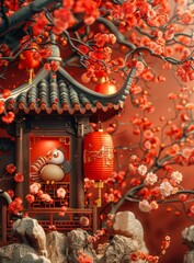A bird perching on a traditional Chinese roof amidst cherry blossoms and red lanterns.