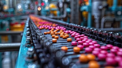 Fototapeta premium Pharmaceutical production line with pills moving on a conveyor belt.
