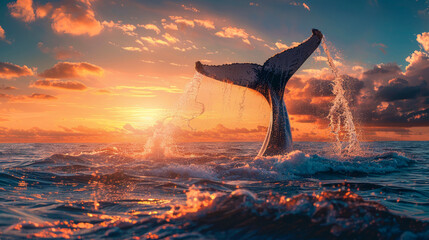 Whale tail splashing above the ocean water with a beautiful sunset on the horizon