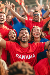 Panamanian football soccer fans in a stadium supporting the national team, La Marea Roja
