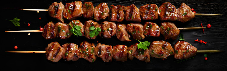 Caucasian shashlyk skewer beef mutton lulya delicious barbecue cooking meal on dark background
