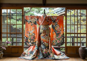 A kimono with a pattern of cherry blossoms and mandarin ducks