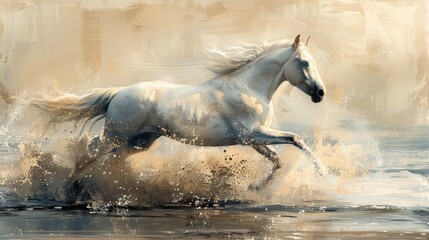 Fototapeta premium Captivating Artwork of a White Horse Gracefully Splashing Through Water, Illuminated by Golden Sunlight.