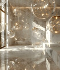 Luxury modern interior with marble walls and glass ball chandeliers