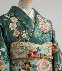 Naklejka premium A close-up of a green kimono with floral embroidery