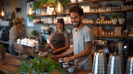 A modern coffee shop bustling with activity, the owner smiling while serving a customer, baristas working efficiently behind the counter, creating a welcoming and vibrant atmosphere