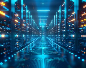 Futuristic Data Center with Glowing Server Racks Illuminating an Urban Technology Landscape