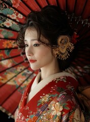 Portrait of a Japanese woman in traditional kimono with red umbrella