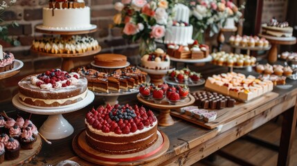 Dessert spread featuring cakes at the reception