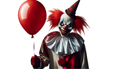Scary Clown with Red Balloon, Ideal for Halloween and Horror-Themed Projects, Isolated on Transparent Background