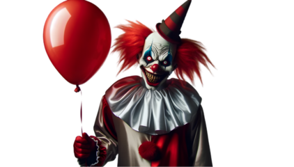 Scary Clown with Red Balloon, Ideal for Halloween and Horror-Themed Projects, Isolated on Transparent Background