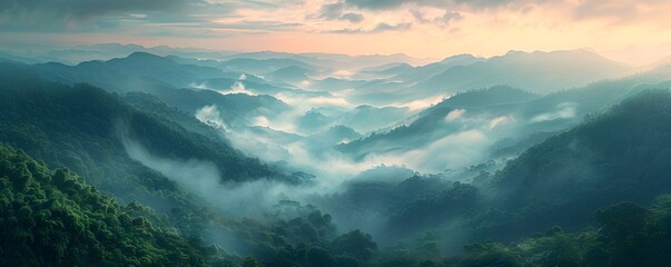 Lush Mountain Gorge Shrouded in Misty Dawn Haze Tranquil and Mysterious Natural Landscape Scenery...