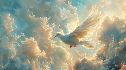 A dove ascends. Ascension. White dove in the sky with clouds, flying towards light. Computer digital drawing.