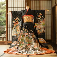 A kimono with a pattern of a crane and a flower