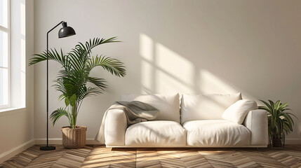 Stylish living room with a green plant, black lamp, and white sofa, wooden floor