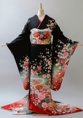 Naklejka premium A woman wearing a black kimono with red and pink floral patterns.