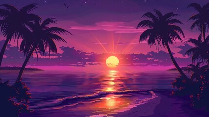 Digital art of a tranquil sunset on a palm-fringed beach with a vibrant purple sky