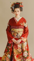 Fototapeta premium A Japanese woman wearing a red kimono with floral patterns