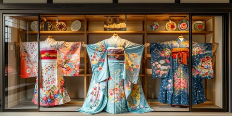Fototapeta premium Four colorful kimono with floral patterns on display in a glass case